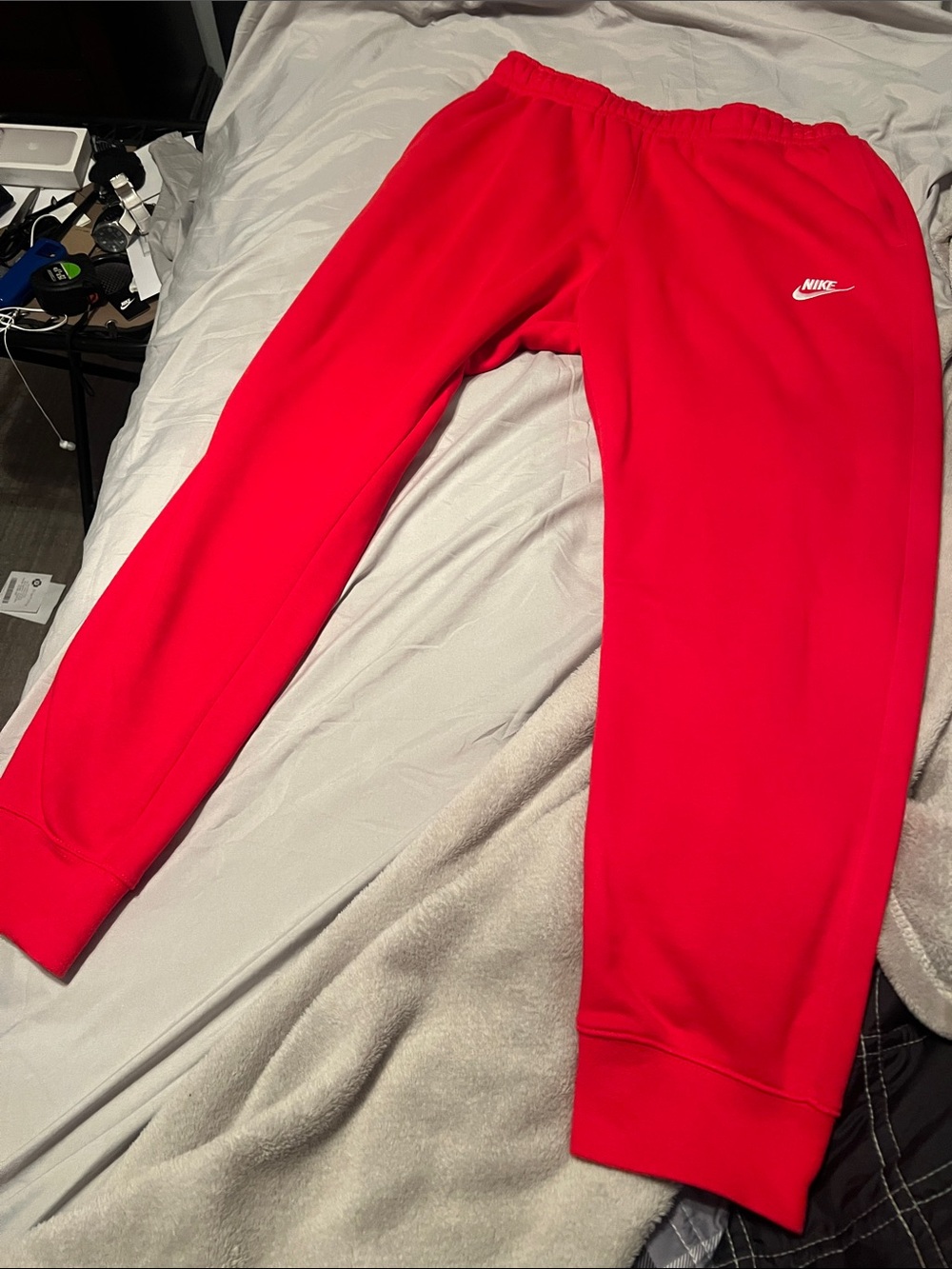 Nike Mens Bright Red Fleece Joggers with White Logo large Excellent condition
